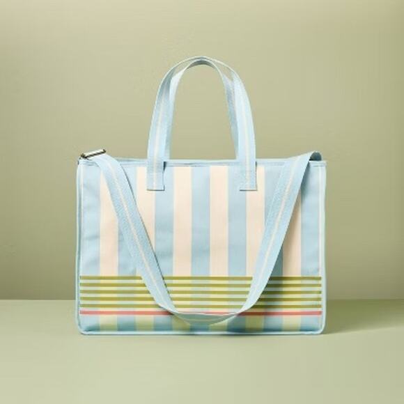 Hearth & Hand with Magnolia NWT Cross Stripe Carry All Tote Bag Blue Green Nat - Picture 1 of 9